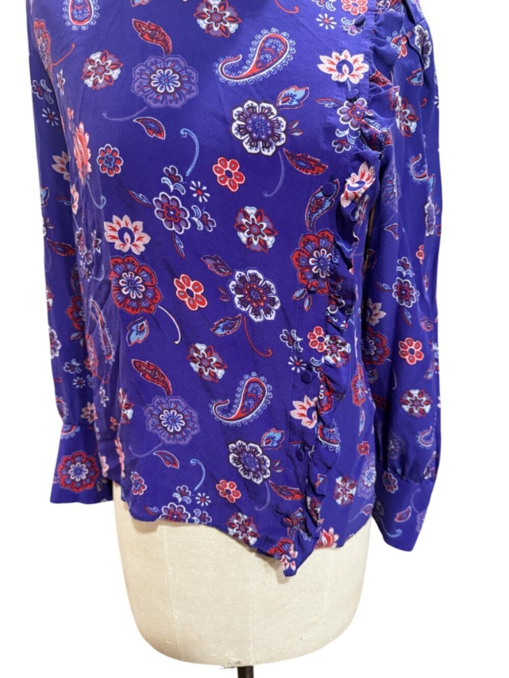 Claudie Pierlot Silk Floral Blouse Ruffle Neck Size 38 Blue Red Paisley - Picture 4 of 9